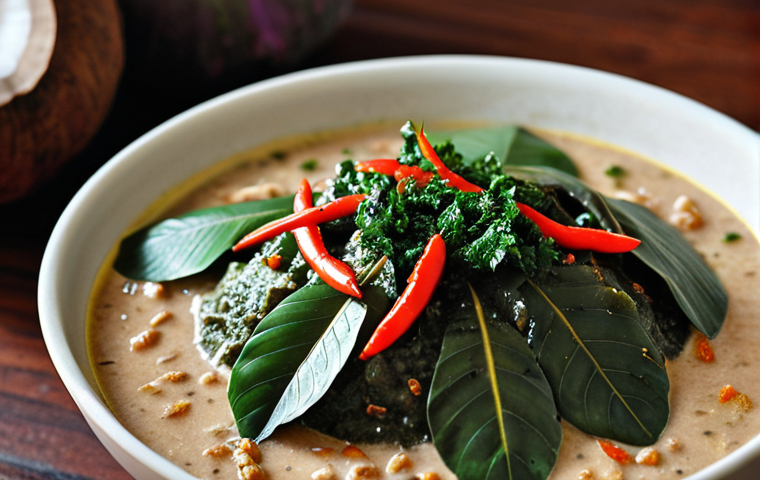 **Comorian Mataba:** A close-up photo of Mataba, featuring taro leaves simmered in coconut milk with spices. Emphasize the texture and rich color of the dish, highlighting the blend of ingredients.