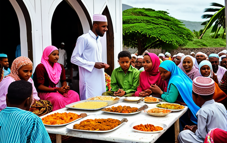 **Image Prompt:** A vibrant Eid al-Fitr celebration in Comoros. Families gather in colorful traditional clothing, sharing food and exchanging blessings after Ramadan. A mosque is visible in the background.