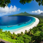 A breathtaking panoramic landscape of the Comoros Islands' untouched natural beauty, showcasing a vast expanse of crystal-clear turquoise ocean merging with a pristine white sandy beach, bordered by dense, lush tropical rainforest and majestic volcanic mountains. The scene captures the essence of a unique, vibrant ecosystem. Professional photography, wide-angle shot, high resolution, ultra-detailed, vivid colors, natural lighting, safe for work, appropriate content, fully clothed, family-friendly, perfect anatomy, correct proportions, natural pose, well-formed hands, proper finger count, natural body proportions.