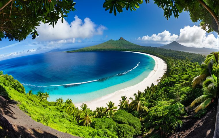 A breathtaking panoramic landscape of the Comoros Islands' untouched natural beauty, showcasing a vast expanse of crystal-clear turquoise ocean merging with a pristine white sandy beach, bordered by dense, lush tropical rainforest and majestic volcanic mountains. The scene captures the essence of a unique, vibrant ecosystem. Professional photography, wide-angle shot, high resolution, ultra-detailed, vivid colors, natural lighting, safe for work, appropriate content, fully clothed, family-friendly, perfect anatomy, correct proportions, natural pose, well-formed hands, proper finger count, natural body proportions.
