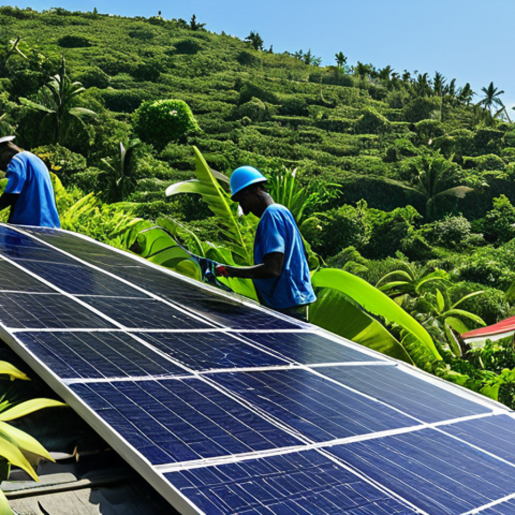 **
"A modern solar panel installation on a tropical island in Comoros, with lush green vegetation in the background. Fully clothed local technicians are performing maintenance, professional environment, bright sunny day, clear blue sky. Safe for work, appropriate content, perfect anatomy, natural proportions, high-resolution photography, family-friendly, professional."
**