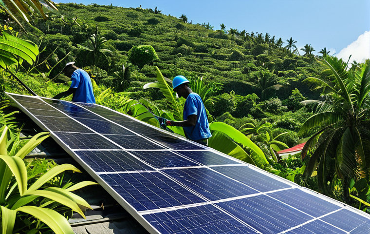 **

"A modern solar panel installation on a tropical island in Comoros, with lush green vegetation in the background. Fully clothed local technicians are performing maintenance, professional environment, bright sunny day, clear blue sky. Safe for work, appropriate content, perfect anatomy, natural proportions, high-resolution photography, family-friendly, professional."

**