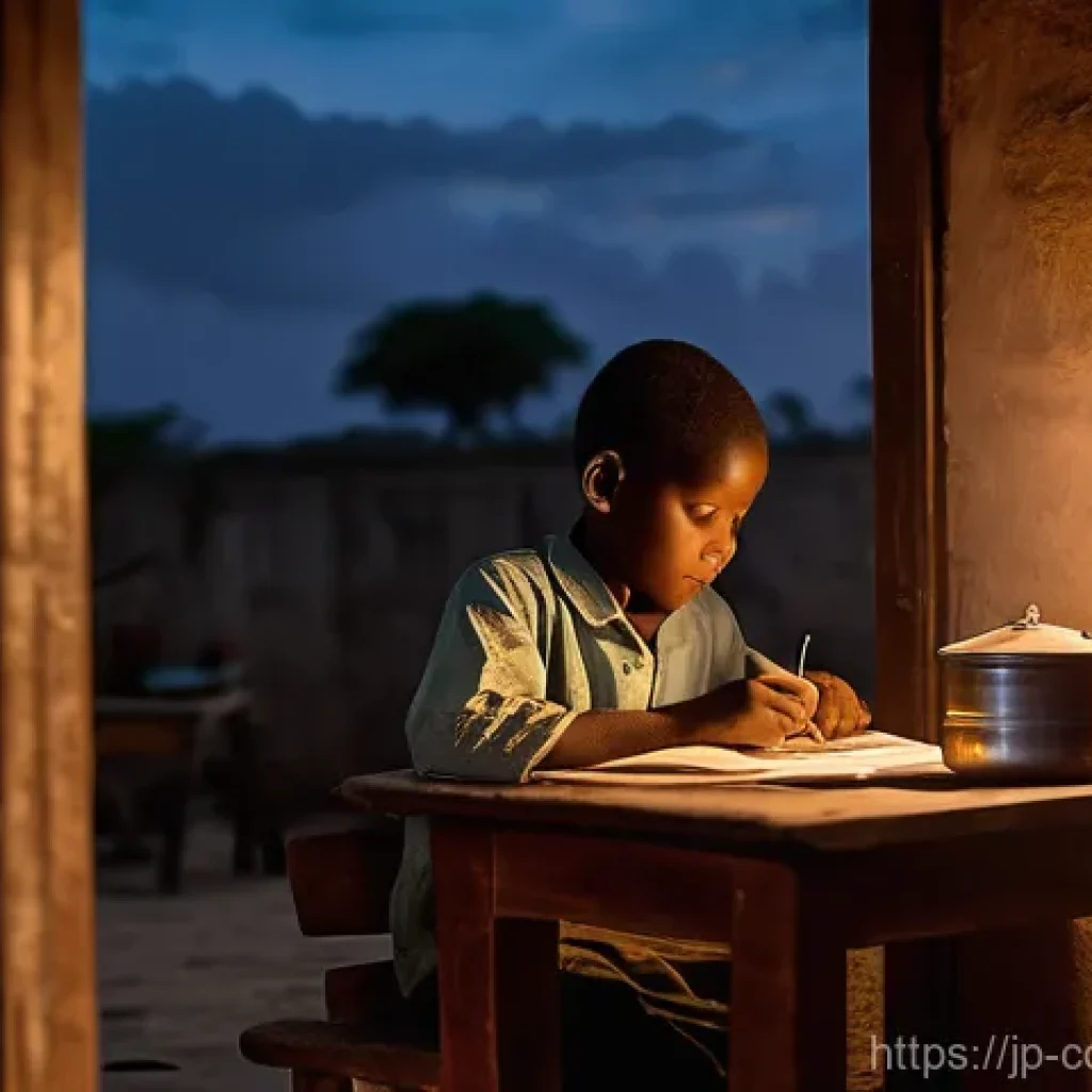 코모로 인프라 발전 현황 - **Prompt:** A heartwarming scene of a Comorian family inside their modest home at dusk. Soft, warm l...