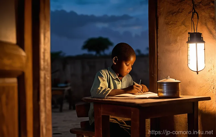 코모로 인프라 발전 현황 - **Prompt:** A heartwarming scene of a Comorian family inside their modest home at dusk. Soft, warm l...