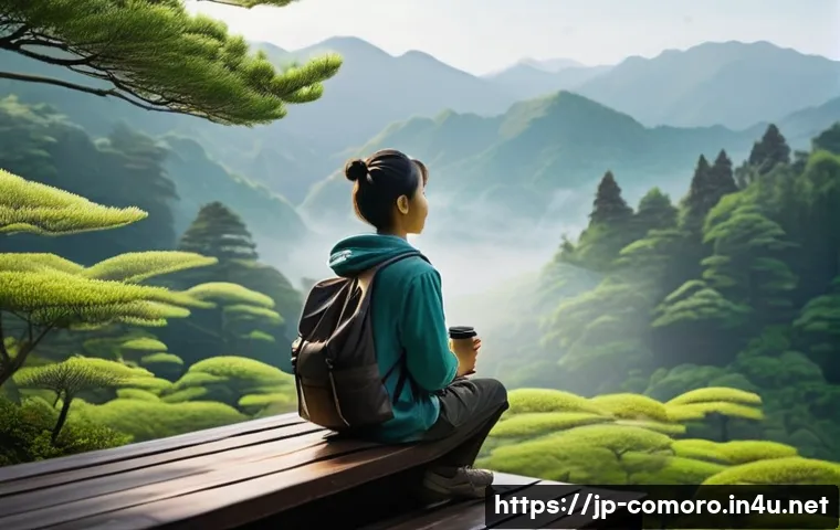 코모로 리조트와 해변 비교 - "A serene morning at a Japanese highland resort. Gentle sunlight streams through a dense, verdant fo...