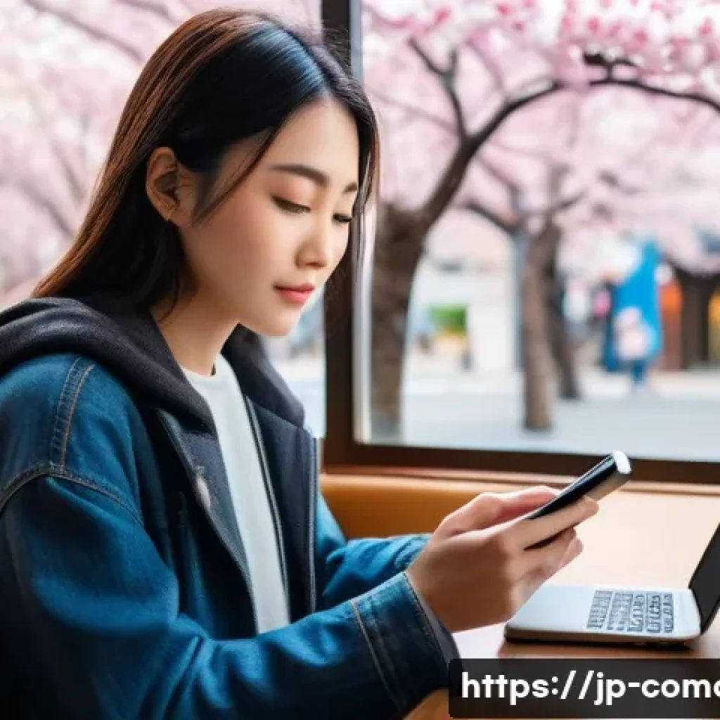 코모로 항공편 예약 팁 - A stylish Japanese traveler in casual modern clothing checking flight prices on a smartphone app, si...