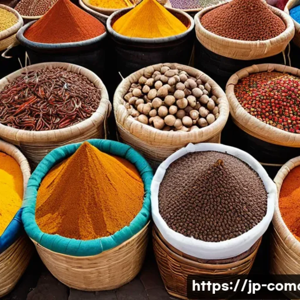 코모로 기념품 쇼핑 가이드 - A vibrant market scene in the Comoros Islands showcasing an array of fresh, exotic spices including ...