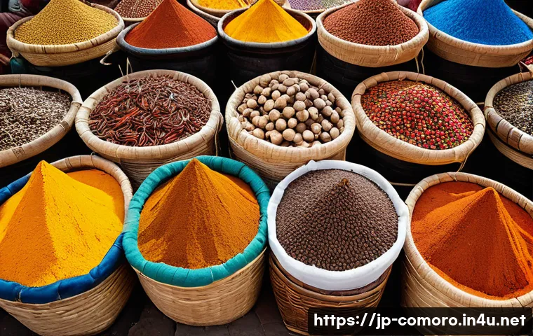 코모로 기념품 쇼핑 가이드 - A vibrant market scene in the Comoros Islands showcasing an array of fresh, exotic spices including ...