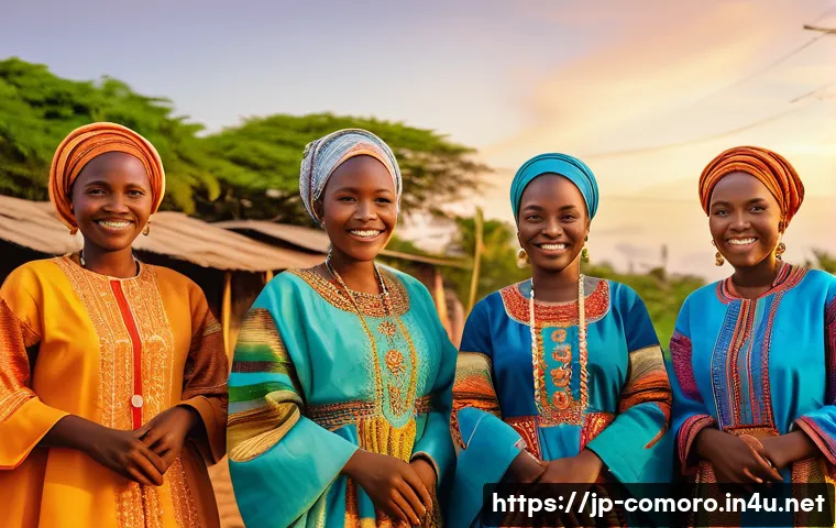코모로 이슬람 전통과 현대화 - A vibrant scene of Comorian women dressed in traditional Kanzari dresses featuring intricate hand em...