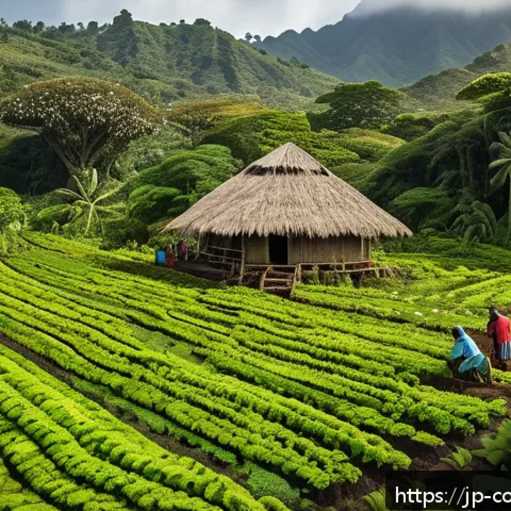 코모로 농업 경제와 클로브 산업 - A vibrant small-scale clove farm in the Comoros Islands during harvest season, featuring multi-gener...