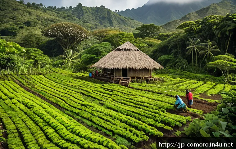 코모로 농업 경제와 클로브 산업 - A vibrant small-scale clove farm in the Comoros Islands during harvest season, featuring multi-gener...