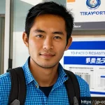 코모로 비자 신청 절차 - A modern Japanese traveler at a visa application center in Comoros, dressed in smart casual attire w...