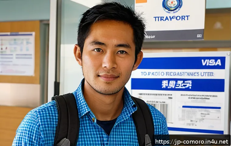 코모로 비자 신청 절차 - A modern Japanese traveler at a visa application center in Comoros, dressed in smart casual attire w...