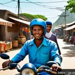 코모로 여행 시 주의할 점 - A vibrant street scene in the Comoros Islands showing a local motorcycle taxi driver wearing a helme...