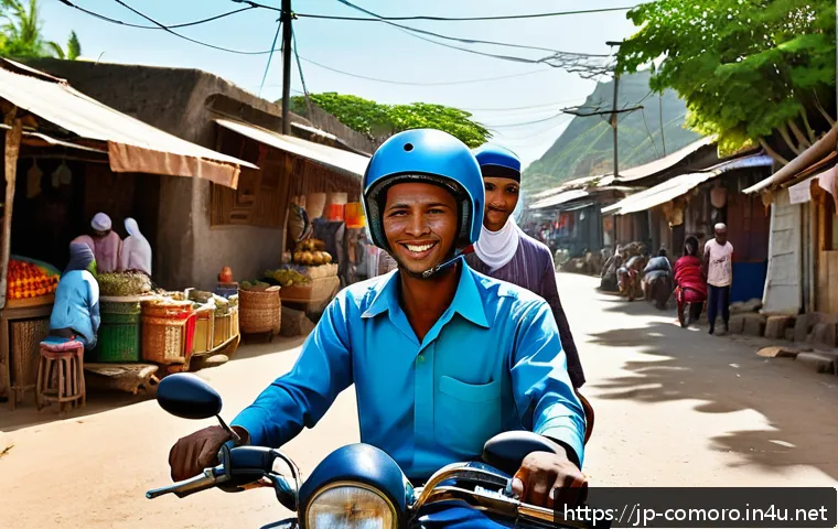 코모로 여행 시 주의할 점 - A vibrant street scene in the Comoros Islands showing a local motorcycle taxi driver wearing a helme...