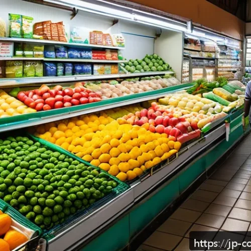 코모로 물가와 현지 생활비 - A vibrant local supermarket scene in Comoros, showing neatly arranged fresh vegetables and fruits wi...