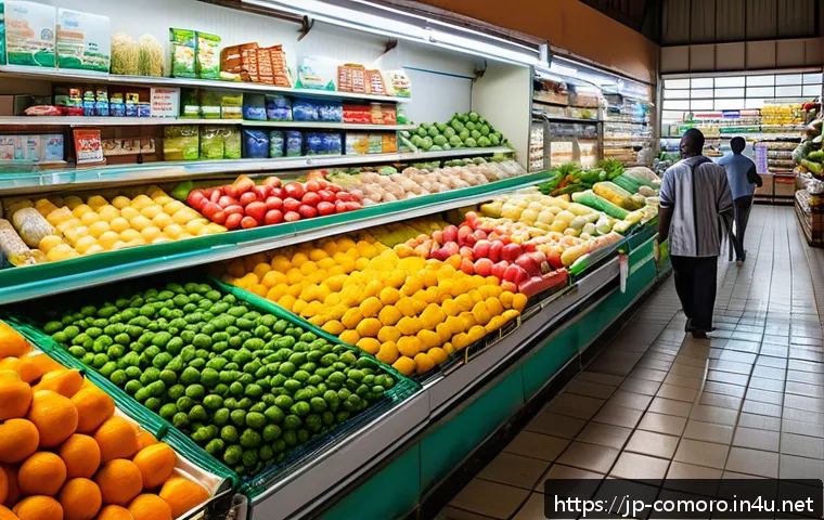 코모로 물가와 현지 생활비 - A vibrant local supermarket scene in Comoros, showing neatly arranged fresh vegetables and fruits wi...