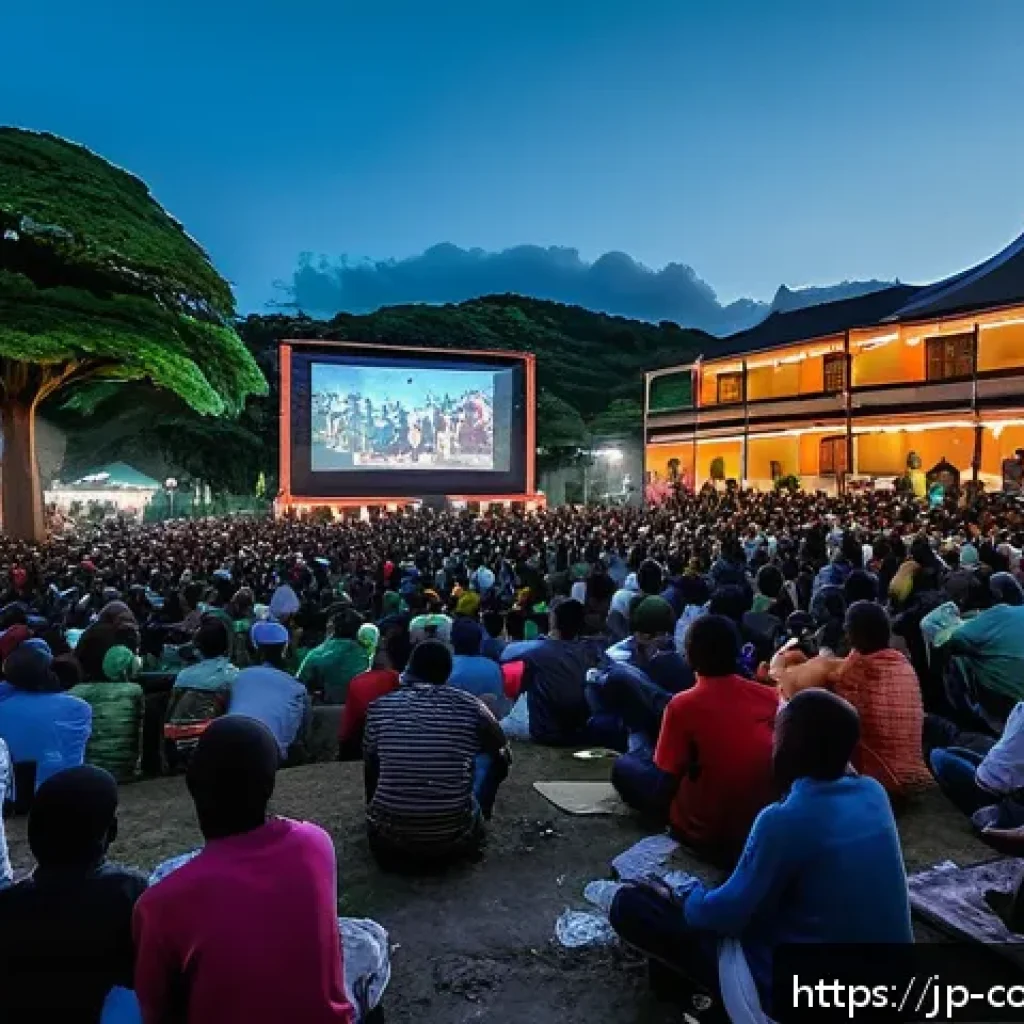 코모로 국제 영화제 개최 여부 - A vibrant scene from the Comoros International Film Festival showing a diverse audience seated outdo...