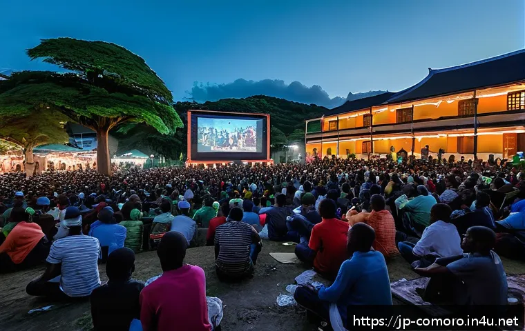 코모로 국제 영화제 개최 여부 - A vibrant scene from the Comoros International Film Festival showing a diverse audience seated outdo...