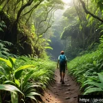 코모로 관광 패키지 추천 - A vibrant jungle trekking scene in the Comoros Islands, featuring a lush tropical rainforest with de...
