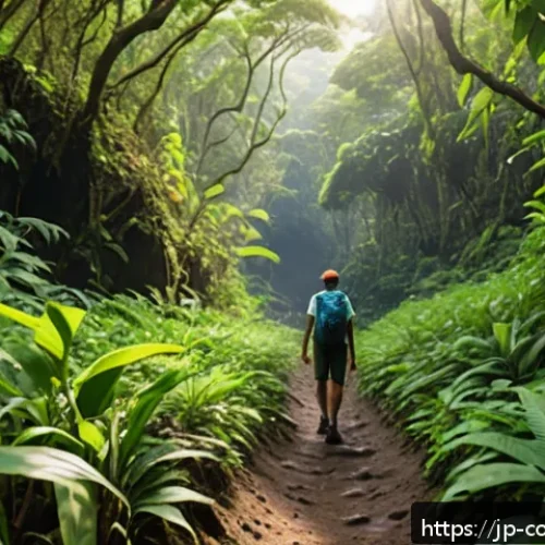 코모로 관광 패키지 추천 - A vibrant jungle trekking scene in the Comoros Islands, featuring a lush tropical rainforest with de...