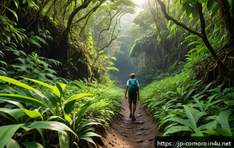 코모로 관광 패키지 추천 - A vibrant jungle trekking scene in the Comoros Islands, featuring a lush tropical rainforest with de...
