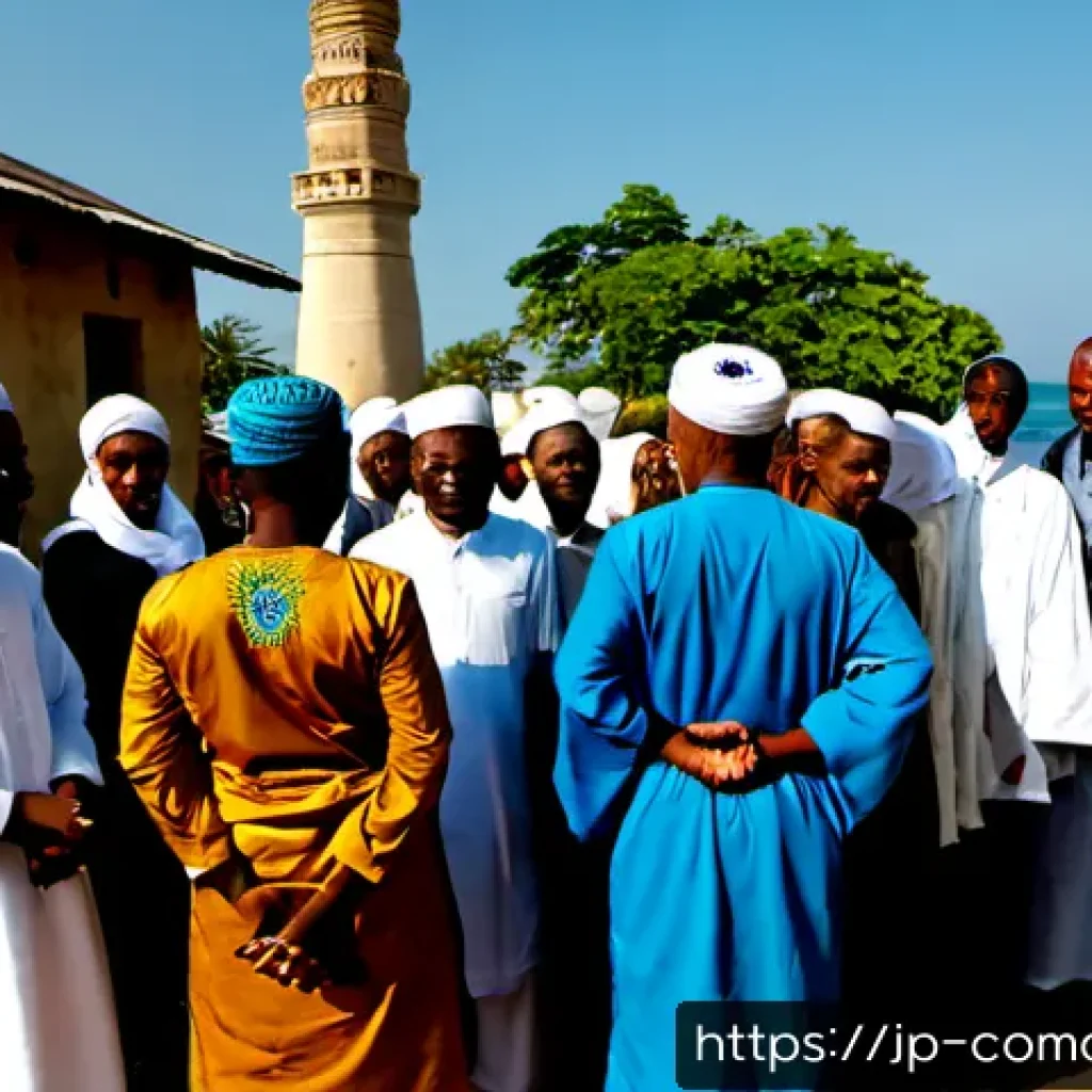 코모로 종교 갈등 사례 - Photorealistic documentary scene in a Comorian coastal village at late afternoon, a tense but nonvio...