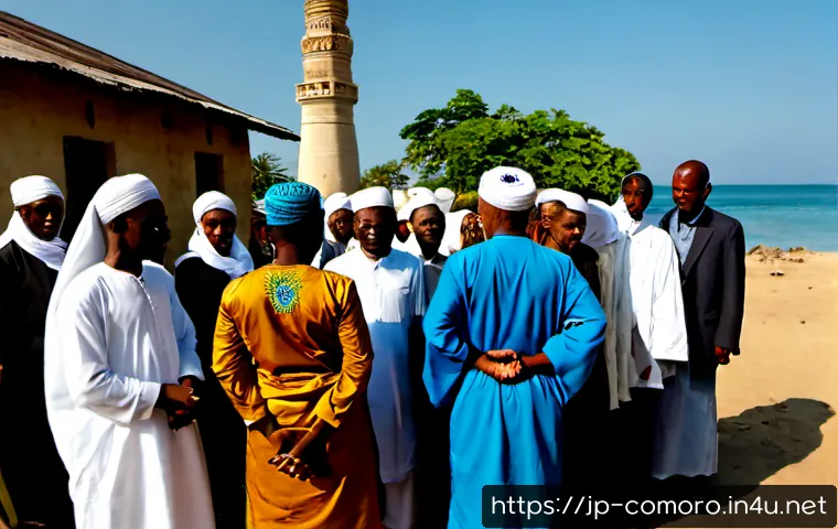 코모로 종교 갈등 사례 - Photorealistic documentary scene in a Comorian coastal village at late afternoon, a tense but nonvio...