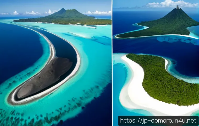 코모로와 몰디브 비교 - Photorealistic aerial comparison scene of Comoros and Maldives: a lush volcanic tropical island with...