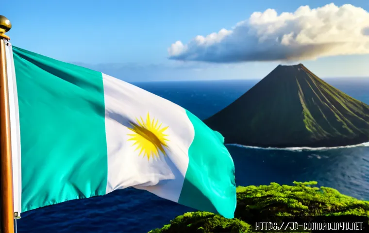 코모로 국기 의미와 유래 - Photorealistic Comoros national flag waving clearly in a warm Indian Ocean breeze on a simple flagpo...